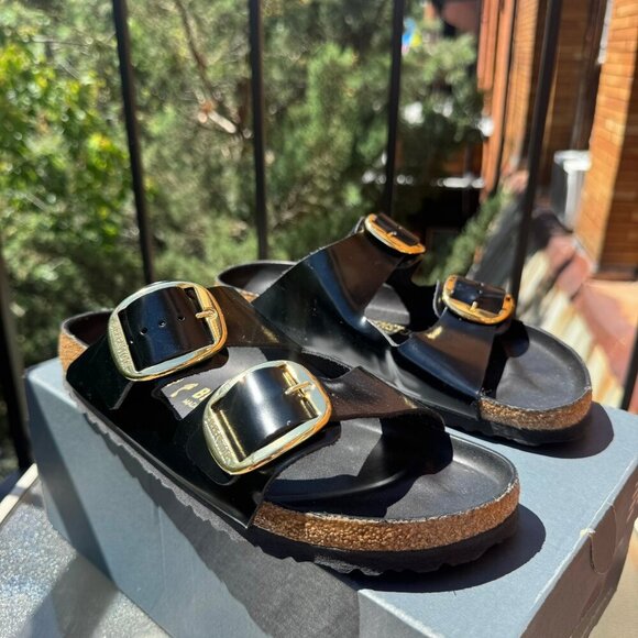 New Birkenstock Arizona Big Buckle High Shine Sandals Black Gold US 9 / EUR 40 - Picture 9 of 12